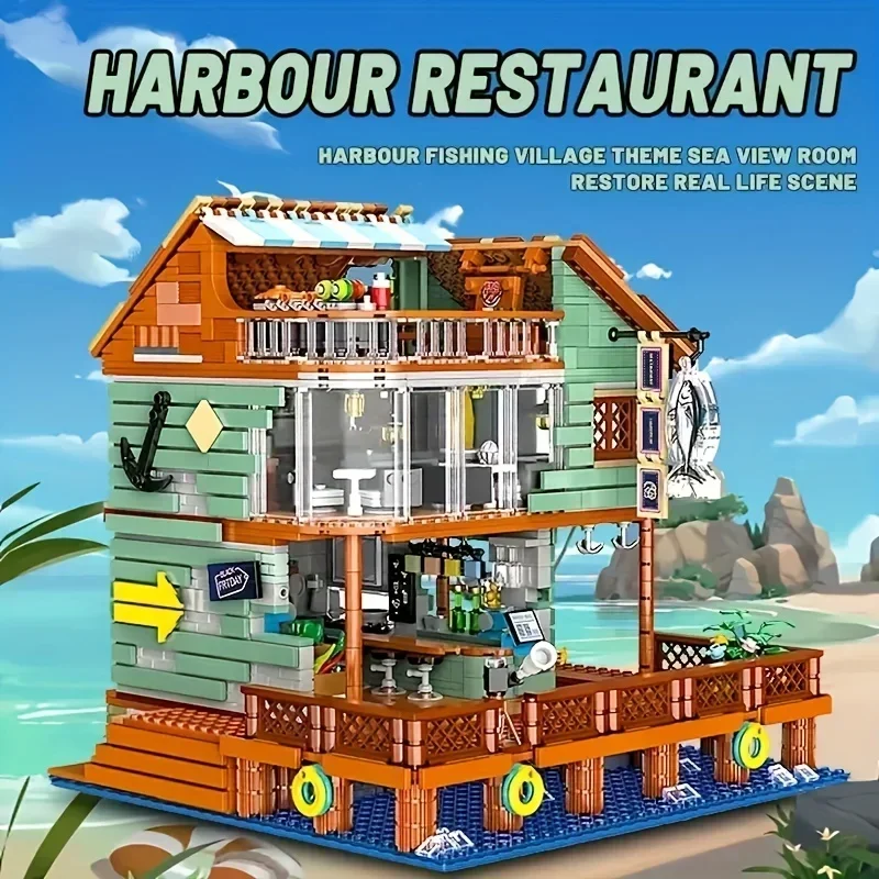 2096PCS Harbor Restaurant Building Blocks Seaside Street View House Construction - £73.72 GBP+