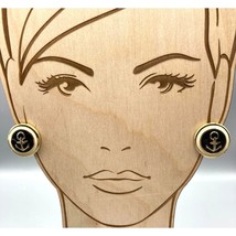 Vintage Enamel Anchor Earrings, Gold Tone Circles with Navy Blue and Cream Studs - £21.97 GBP