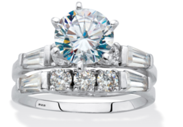 Round Baguette Cz Bridal 2 Piece Ring Set Platinum Sterling Silver 6 7 8 9 10 - £159.83 GBP
