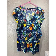 Zac &amp; Rachel Womens Plus Blue Floral V-Neck Tunic Short Ruffle Sleeves T... - $19.95