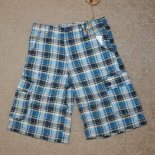Cargo Shorts Overdrive Flat Front Blue Plaid Adjustable Waist Relaxed Bo... - $12.87