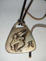 Capricorn Brass Pendant With Leather Cord 2 x 2.25 Inches - $15.20