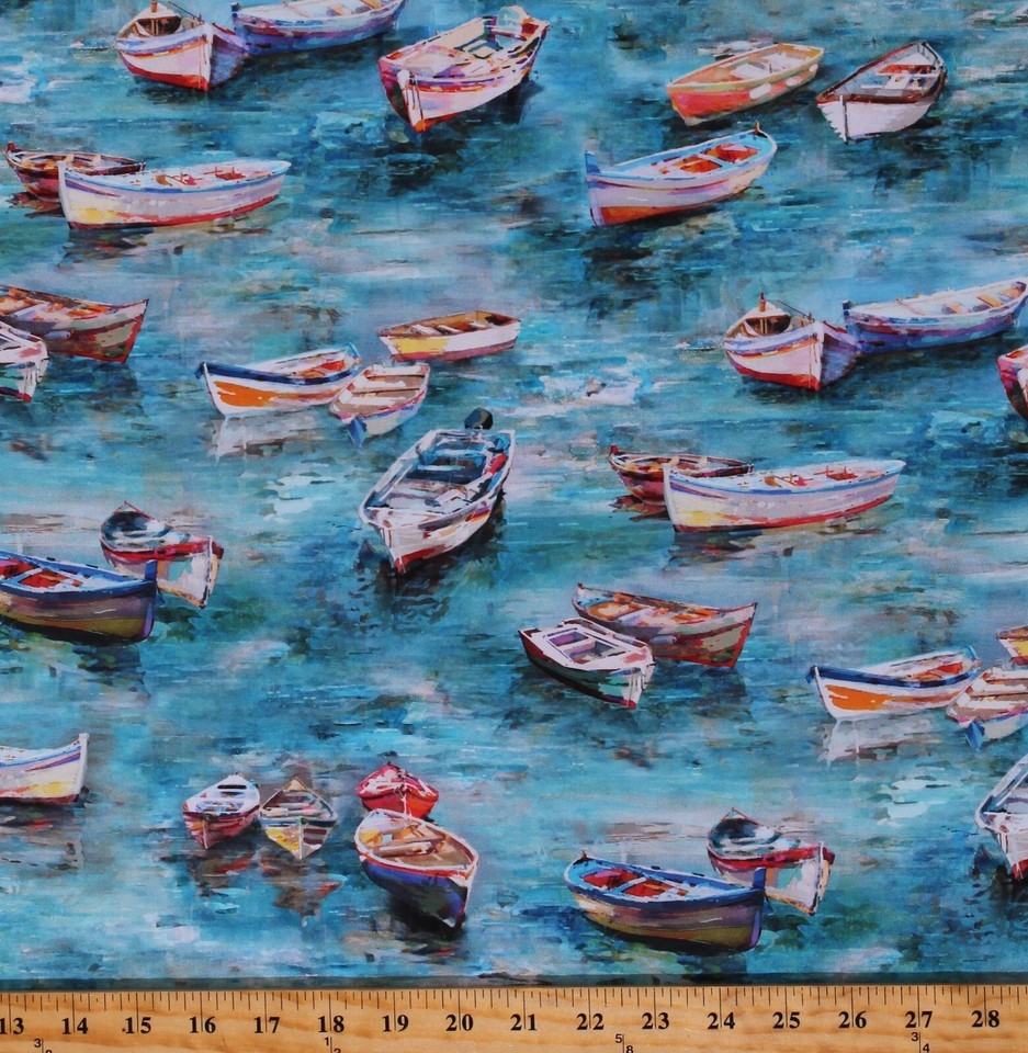 Cotton Boats Row Canoes Water Sea Blue Fabric Print by Yard D487.78 - $15.95
