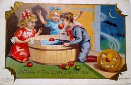 Halloween Postcard Fantasy Bats Crescent Moon Border Apple Game Taggart 1910 - £36.36 GBP