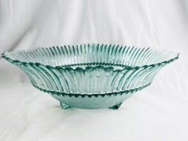 Art Glass Ribbed Footed Fruit Vegetable Bowl Teal Opalescent Elegant Centerpiece - £7.77 GBP