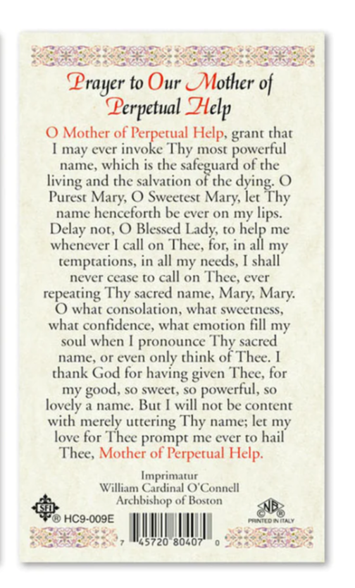 Laminated Prayer to Our Mother Lady of Perpetual Help Holy Prayer Card ...