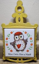 Vintage Yellow Cast Iron Trivet &quot;Wise Owls Hire A Maid&quot; Darling Wall Décor - £9.49 GBP