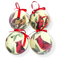 Cardinal Red Bird Sugared Christmas Ornaments 4 Piece Set 2 Inch Red Ribbon - £15.55 GBP