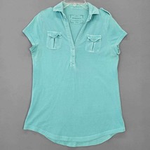 Mossimo Shirt Womens L Casual Supply Blue Baby Collar Button V-Neck Cap Sleeves - £6.58 GBP