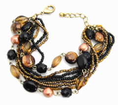 Multi-Strand Bracelet Black Copper Amber Beads Stones 8 Strands 7-8" - $13.16