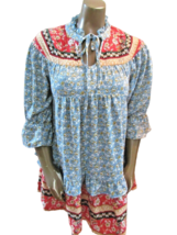 UMGEE Steel Blue Red Floral Multi Print Tie Keyhole Dress Tunic Tiered S... - $14.84