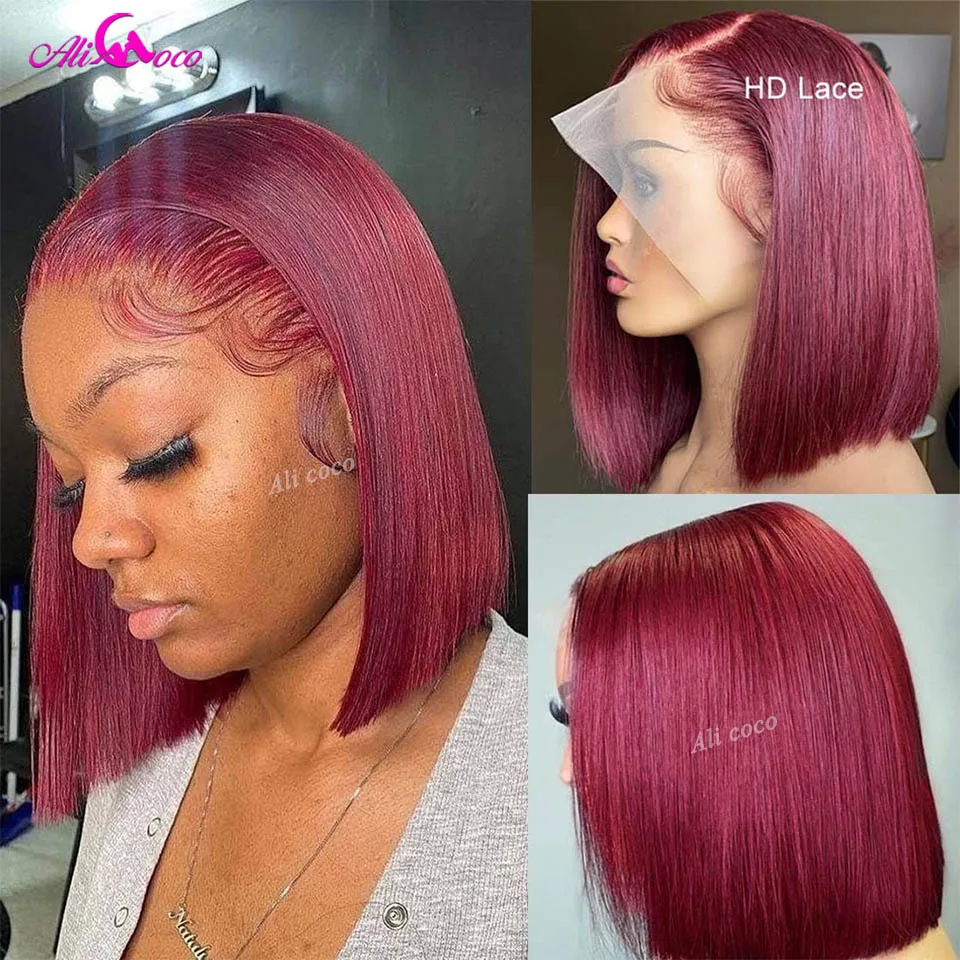  density 99j burgundy short bob wig human hair 13x4 lace frontal wigs for women natural thumb200