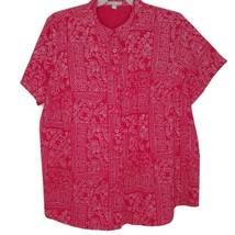 Woman Within Blouse Size 2X Short Sleeve Button Front Collared Red Dotted Paisle - £11.07 GBP