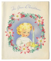 Vintage 1940s Wwii Era Christmas Greeting Holiday Card Child With Candle Wreath - £11.59 GBP
