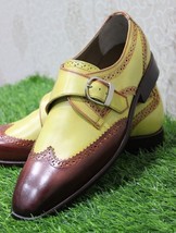 Handmade Men Two Tone color leather Single Monk Wingtip Brogue leather Shoes - £111.90 GBP