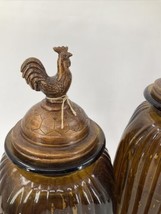 VTG Brown Amber Glass Canisters Rooster Finial Lid 13&quot;-15&quot; Rubber Seals Set/2 - £93.32 GBP