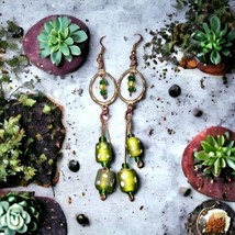 Handmade vintage beaded dangle silver and green earrings - $23.76