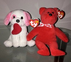 Lot of 2 Ty Beanie Babies Baby Amore Pink &amp; Ty Beanie Amora Red Valentines Day - £10.29 GBP