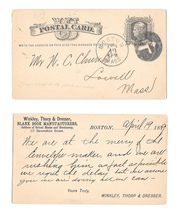 1889 UX5 Boston MA Fancy Cancel Negative K Winkley Thorp Dresser Blank B... - £10.35 GBP