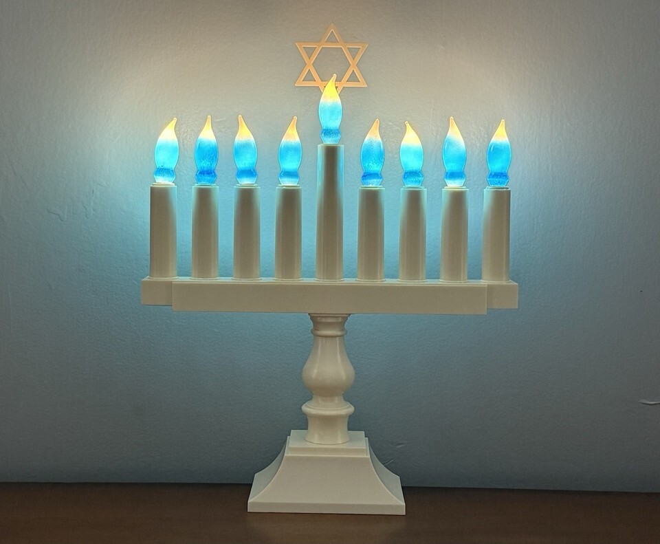 EUC Vintage 1970s Plastic Menorah Candelabra Blue Flame Candle Light 12”Wx16”H Item image 2