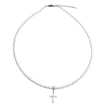 Pearl Strand Cross Necklace, 4mm White Simulated Pearls, Cubic Zirconia Cross Pe - £29.00 GBP