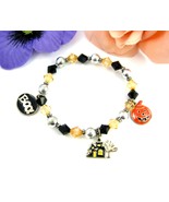 HALLOWEEN CHARMS Beaded BRACELET Vintage Enamel Black, Orange Elastic BOO - $20.41 CAD