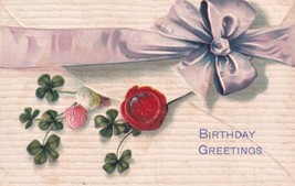 Birthday Greetings Large Ribbon on Envelope Seal 4 Leaf Clovers Postcard D22 - £2.41 GBP