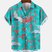 Asian Lucky Crane Cherry Blossom Art Digital Print Men&#39;s Buttoned Hawaiian Shirt - £8.17 GBP+