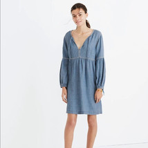 Madewell Linen &amp; Cotton Indigo Peasant Dress in Blue Chambray Size Medium - £26.34 GBP
