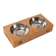 Stainless Steel Feeding Water Bowls with Bamboo Frame for Dogs Cats Pet ... - £28.55 GBP