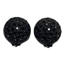 Vintage WEISS Black Faceted  Rhinestone Round Button Clip on Earrings Retro - £29.13 GBP
