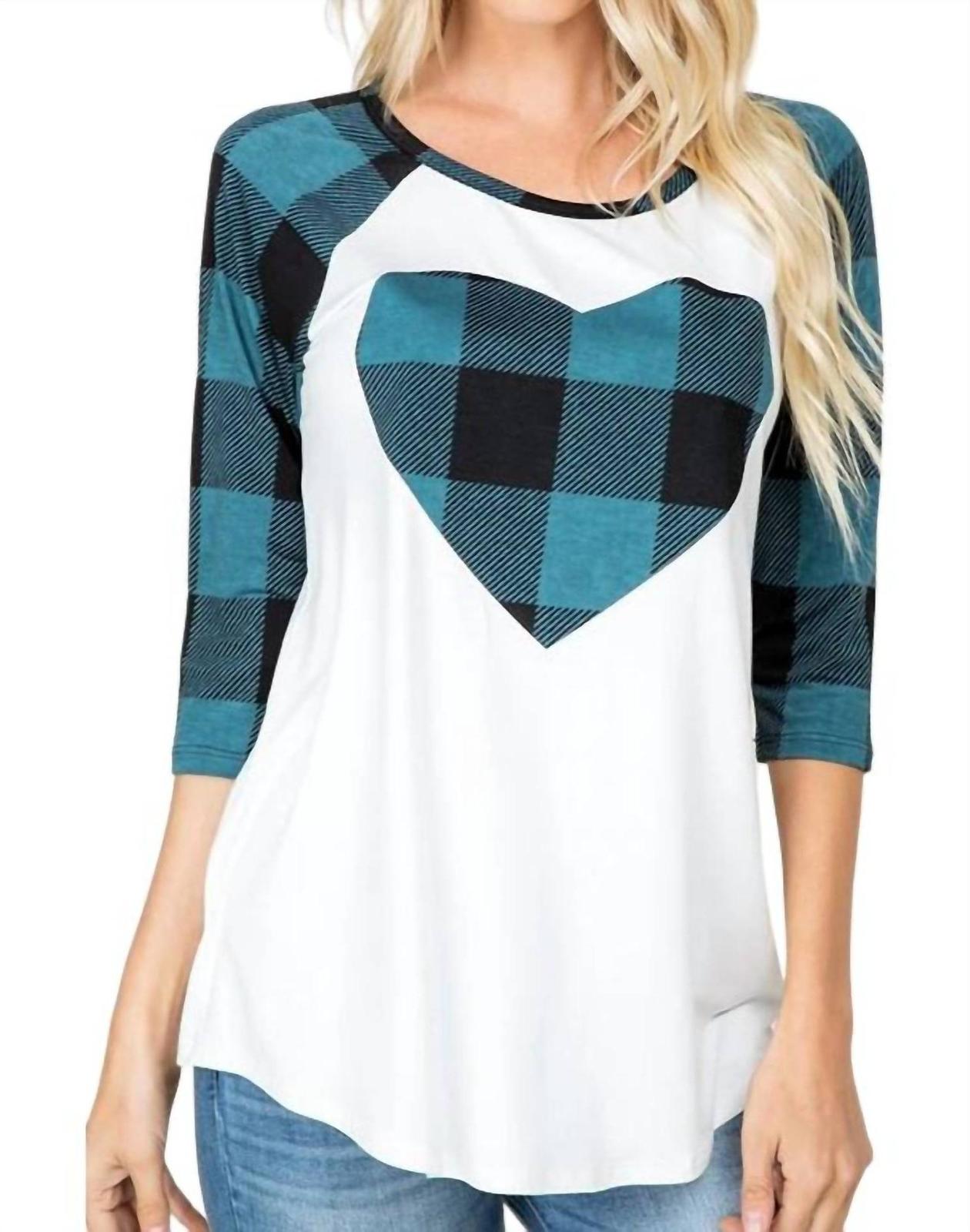 Heimish Usa Plaid Heart Raglan Tee Teal/white - $32.00