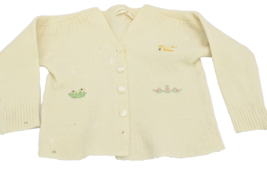 Vintage Ivory Wool Infant Sweater Bird Nest Embroidery Doll Size 1950s - $14.80