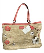 COACH Flower Motif Straw Tote Shoulder Bag Handbag Beige Pink Beige A4 M... - $179.15 CAD