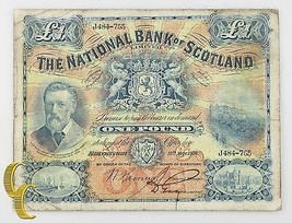 1916 Escocia £1 Libra Nota (Fino, F) Nacional Banco De Escocia Limitado P# 248a - $362.78