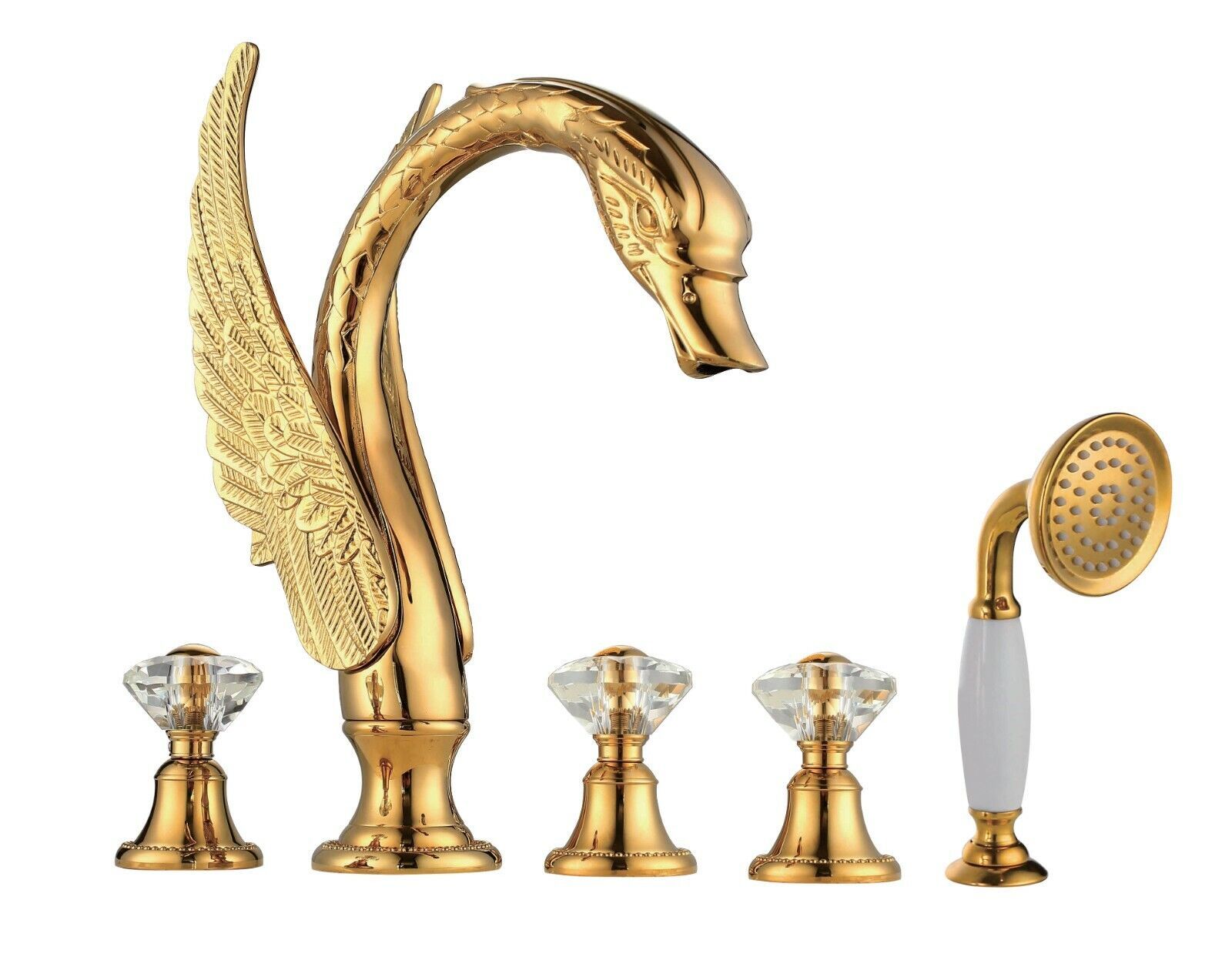 Swan tub shower Faucet widespread 5 Holes bathTub Filler Crystal handles... - $890.01