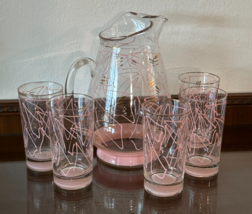 VTG 50/60&#39;s MCM Hazel Atlas Pink/Gold Zombie Pitcher w/ 5 Glasses (Wear On Gold) - £79.12 GBP