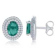 Sterling Silver Oval Emerald Green CZ with Clear CZ Border Earrings - £32.31 GBP