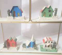 Lot 5 Vtg Japan Putz Houses Cardboard Mica Village Cellophane Window Loofa Trees - £36.37 GBP