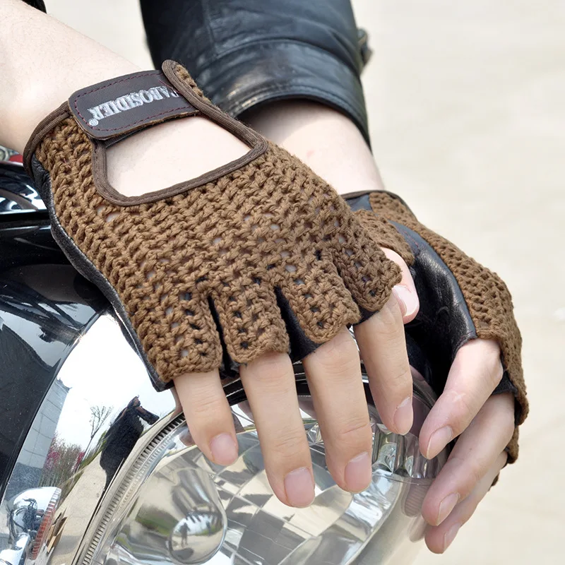 Men Locomotive Gloves Half Finger Driving Gloves Knitted Leather Cycling Gloves - £16.43 GBP
