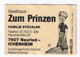 Matchbox Label Germany Gasthaus Zum Prinzen The Prince Ichenheim - £0.78 GBP