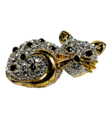 Vintage Gold Silver Tone Cat Kitten Brooch Pave&#39; Clear &amp; Black Rhineston... - $18.00