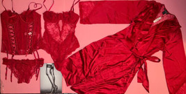 Victoria&#39;s Secret S GARTER CORSET SET+crotchless panty+TEDDY+ROBE RED la... - £210.18 GBP