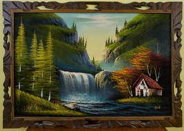 Original Acrylic Painting Forest Mountain Waterfall Landscape Ornate Frame hk - $143.54