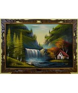 Original Acrylic Painting Forest Mountain Waterfall Landscape Ornate Fra... - £193.63 GBP