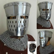 Medieval Knight Helmet Fixed Face Guard Battle Warrior Helmet Armor Hall... - £82.56 GBP