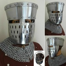 Medieval Knight Helmet Fixed Face Guard Battle Warrior Helmet Armor Hall... - £81.29 GBP