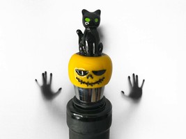 Black Cat and Jack-o&#39;-Lantern Halloween Wine Bottle Stopper Decoration - $8.95+