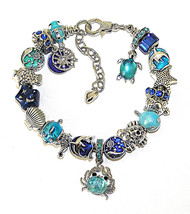 Sea Life Bracelet, Blue With Nautical European Beads, Charms Turtle, Shark, Crab - $38.61