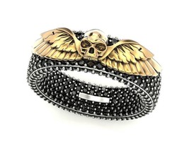 Black Onyx Skull Wings Thumb Ring, 14K Gold Plated Skull Gothic Jewelry For Him - £159.13 GBP